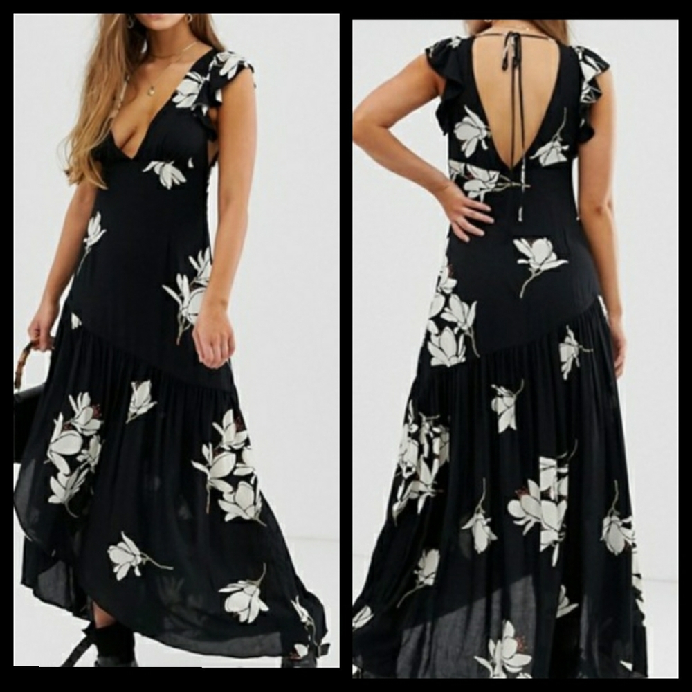 Free People She's A Waterfall Black Dress 4 NWT